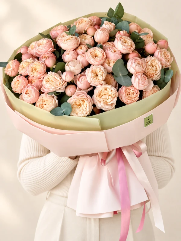 Букет "Rosy Mist" из пионовидных кустовых роз — «Rosy Mist» — яркий букет из 13 роз и 1 ветви эвкалипта.
